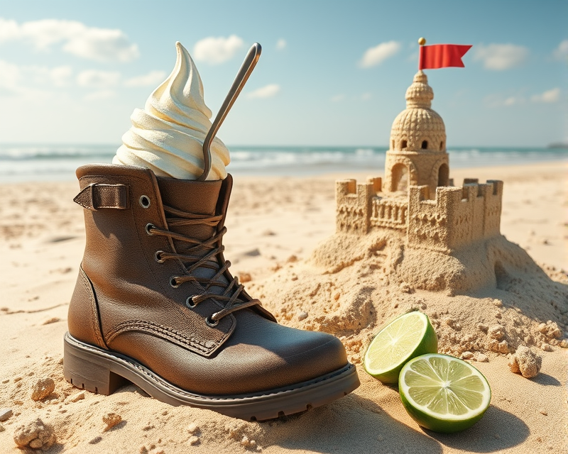 boot, ice cream, lime, spoon, sandcastle